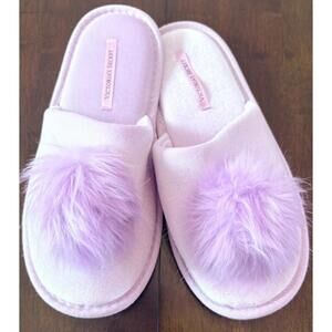 Victoria Secret Purple Slippers Fluffy Pom Pom Faux Fur Slip On VS Size Medium